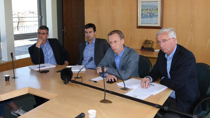 De gauche à droite : Patrick Dechaufour, président de CGB Calvados, Sarthe et Orne, Pierre Rayé, directeur général de la CGB, Franck Sander, président et Dominique Fievez, président de CGB Somme, lors de la conférence de presse du 16 mai à Paris.
